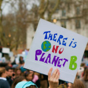 Foto einer Klima-Demo mit Menschen im Hintergrund. Im Vordergrund hält eine Hand ein Plakat "There is no Planet B". Von Kevin Snyman auf Pixabay.