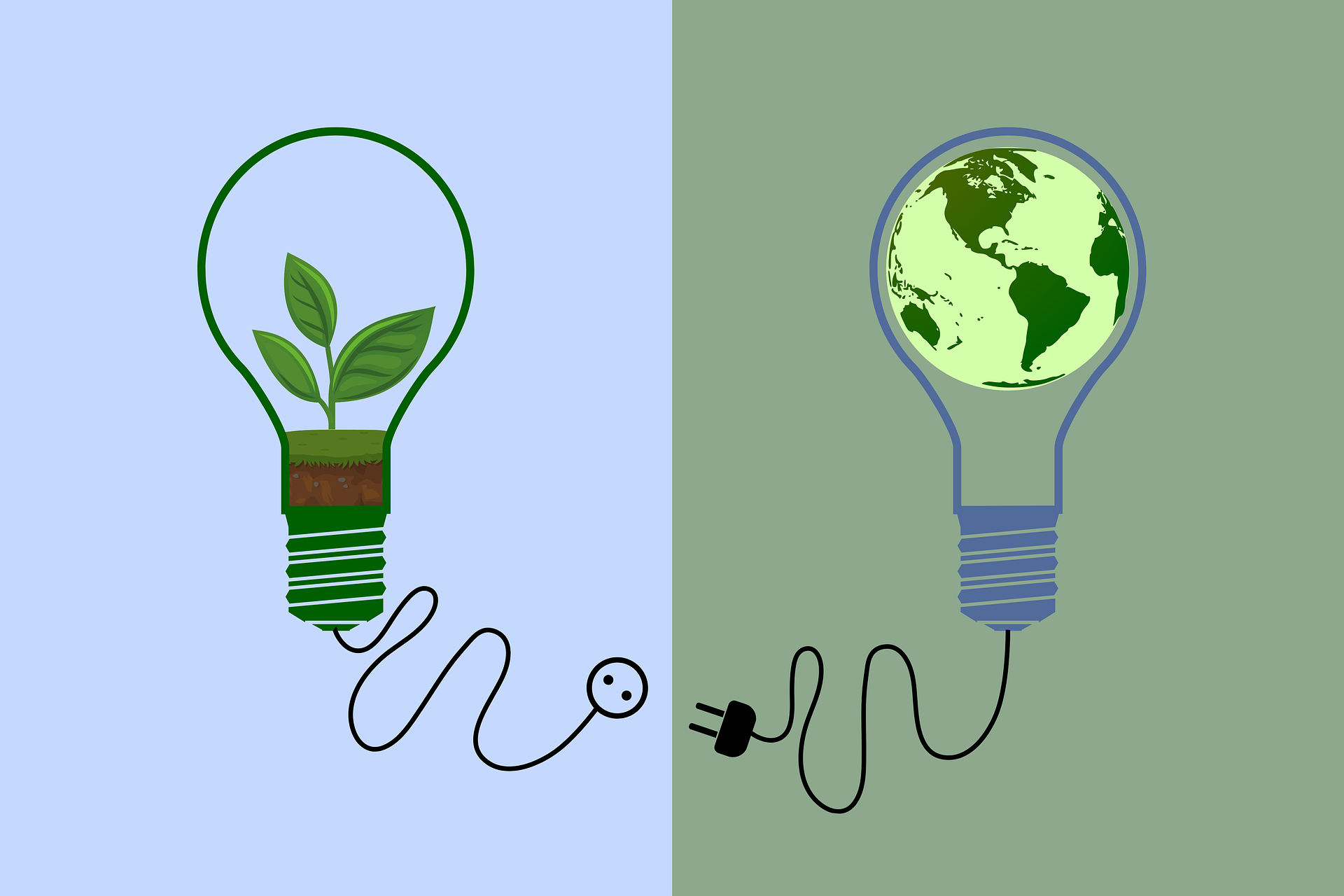 Ökostrom-Karikatur: zwei mit Stecker verbindbare Glühbirnen. Die eine zeigt eine grüne Pflanze, die andere die Erdkugel. Bild: Rosy auf Pixabay.