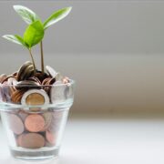 Symbol nachhaltige Bank: Aus einem Glas mit Münzen wächst eine kleine Pflanze