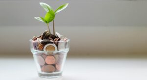 Symbol nachhaltige Bank: Aus einem Glas mit Münzen wächst eine kleine Pflanze