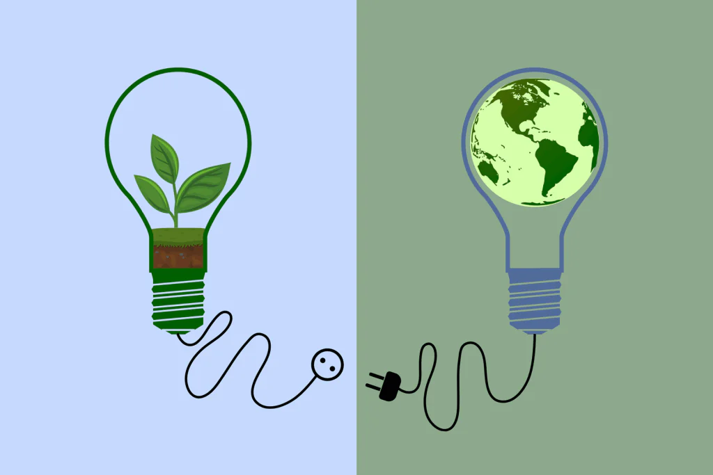 Ökostrom-Karikatur: zwei mit Stecker verbindbare Glühbirnen. Die eine zeigt eine grüne Pflanze, die andere die Erdkugel. Bild: Rosy auf Pixabay.