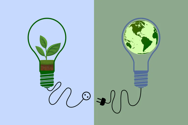 Ökostrom-Karikatur: zwei mit Stecker verbindbare Glühbirnen. Die eine zeigt eine grüne Pflanze, die andere die Erdkugel. Bild: Rosy auf Pixabay.