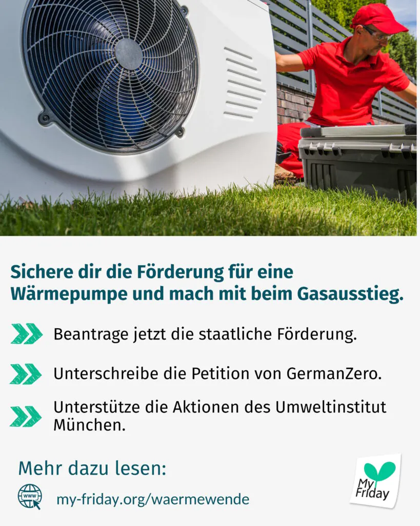 Foto einer Wärmepumpe mit Text zum Mitmachen darunter.